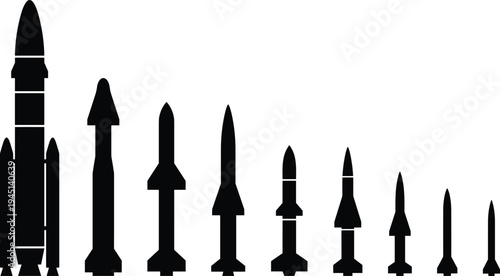 Missile and rocket silhouettes collection, military ballistic missile weapon icons set isolated on white background, defense armament vector illustration