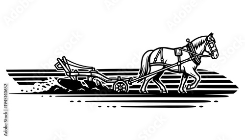A horse drawn plow illustration in a classic black and white style