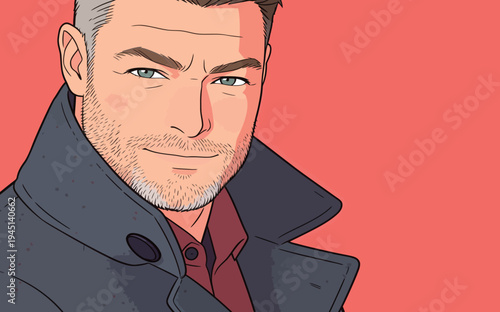 A man smiles and looks at the viewer while wearing a coat against a plain background. He appears relaxed and confident in the capture.