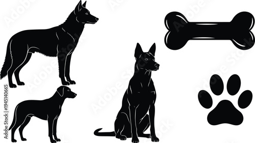 Vector illustration of silhouetted dogs in varied poses with bone and paw print symbolizing pets, care, identity, diversity, culture, tradition, inclusivity, heritage, and education