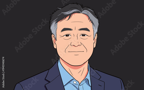 A man stands with a slight smile, wearing a suit and shirt. His grey hair is styled neatly. The background is dark.