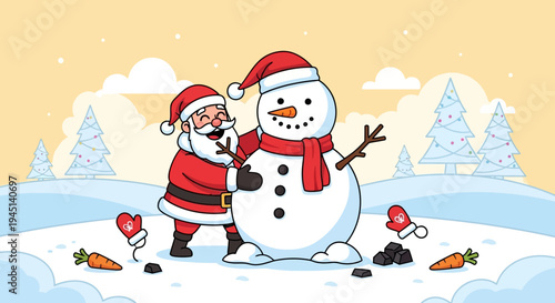 Santa Claus and snowman standing together.