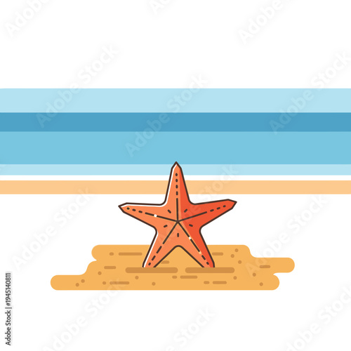 Orange Starfish on Sandy Beach with Blue Ocean Waves Background