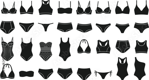 Women lingerie and underwear silhouettes collection, bra panties bodysuit and swimwear fashion icons set isolated on white background vector illustration