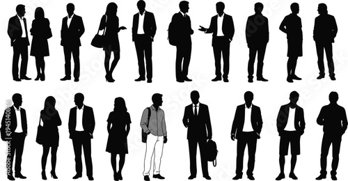Vector illustration of silhouetted individuals in business and semi-formal attire with highlighted figure symbolizing identity