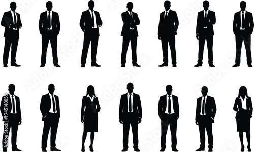Vector illustration of silhouetted individuals in business attire including suits, ties, skirts, and blouses symbolizing corporate identity