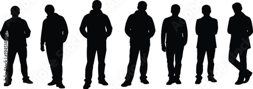 Vector illustration of silhouetted male figures in jackets and pants standing in casual poses symbolizing posture, identity, diversity, culture, tradition, inclusivity, heritage, and education