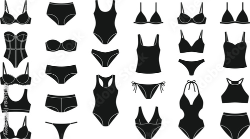 Black women lingerie and underwear silhouettes collection, bra panties bodysuit swimwear fashion icons set isolated on white background vector illustration