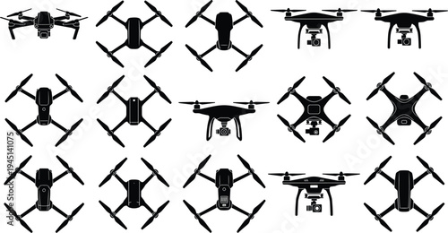 Drone silhouettes collection, quadcopter aerial camera UAV flying devices set isolated on white background technology vector illustration icons