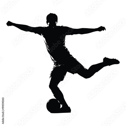 Silhouette of a soccer player kicking a ball isolated on white background in dynamic pose