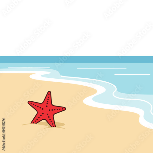 Red Starfish on Sandy Beach with Gentle Ocean Waves