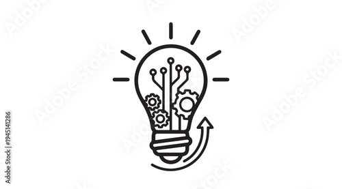 Lightbulb with gears and circuit board inside representing innovation and technology simple line art