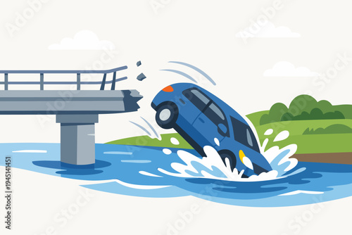Flat vector illustration of a blue car falling off a broken bridge into a river after a serious road accident, depicting a dangerous crash scene with water splashing and damaged infrastructure.