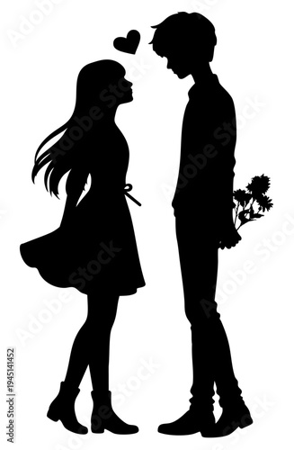 Young Romantic Silhouette Couple with Wildflowers, Sweet Valentine Love Scene