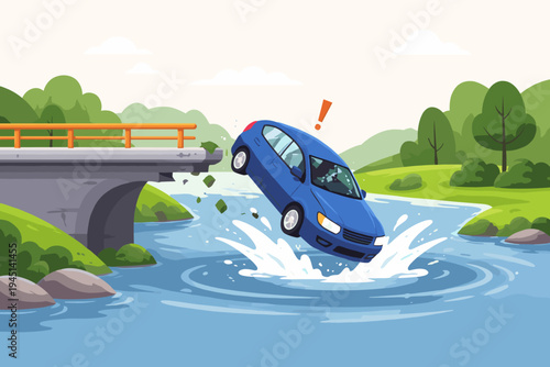 Blue car falling off a broken bridge into a river with a splash, vector illustration of a vehicle accident, car plunging into water after hitting bridge railing, road safety and danger concept.
