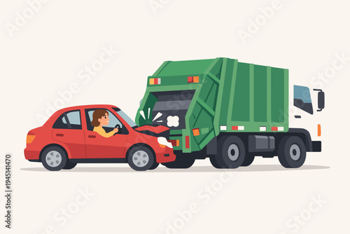Woman Driving Red Car Crashing into Rear of Green Garbage Truck, Road Accident Scene with Female Driver and Waste Collection Vehicle, Flat Vector Illustration for Insurance and Safety Concepts