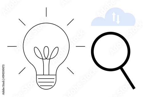 Light bulb radiating lines beside magnifying glass and cloud with arrows suggesting innovation, discovery, data sharing. Ideal for creativity, research, cloud computing, analysis, innovation