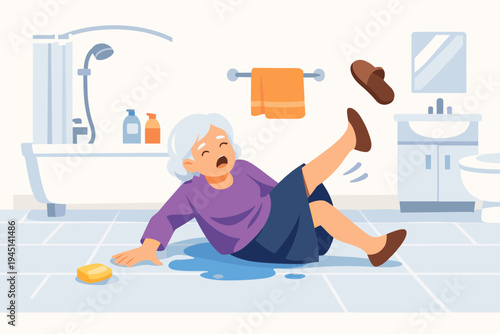 Elderly Senior Woman Slipping and Falling on Wet Bathroom Floor with Soap Bar, Vector Illustration of Domestic Accident, Safety Hazard for Older People, Injury Risk in Washroom, Flat Design Style