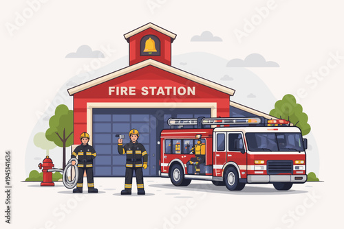 Flat Vector Illustration of a Red Fire Station Building with a Modern Fire Truck and Two Brave Firefighters in Protective Gear Holding a Hose and Axe, Emergency Service Concept for Education.