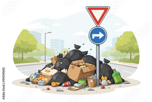 Large Pile of Garbage and Waste Bags on a City Street Next to a Traffic Sign, Flat Vector Illustration of Urban Pollution, Environmental Issues, Littering, and Poor Waste Management in the City.