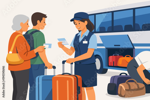 Female tour bus operator in blue uniform checking tickets for passengers, an elderly woman and a young man with suitcases, while luggage is loaded into the bus storage compartment vector.