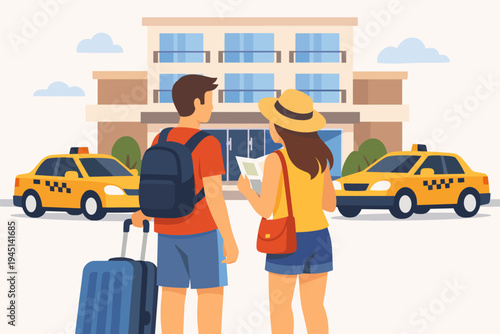 Couple of tourists arriving at a hotel with luggage and a map. Man with backpack and suitcase, woman in straw hat. Yellow taxis parked outside the building. Flat vector travel illustration.