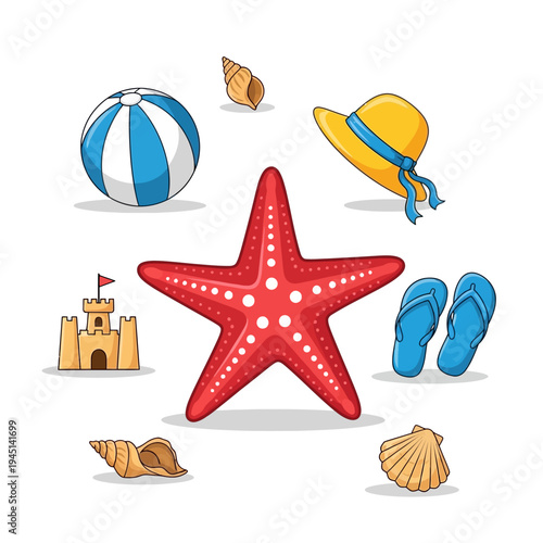 Summer Beach Vacation Accessories: Starfish, Sandcastle, Beach Ball, Hat, Flip-flops, Seashells