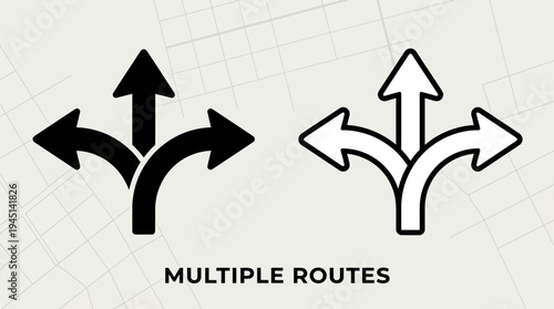 Multiple directional route icons with arrows pointing left, straight, and right, symbolizing navigation, decision-making, and route planning concepts.