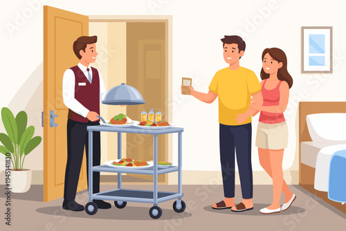 Hotel Room Service Delivery Illustration with Waiter Bringing Food on a Trolley to a Happy Couple in a Bedroom, Staff Serving Meal to Guests, Flat Vector Design for Travel and Hospitality Industry.