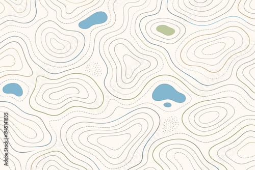 Seamless vector geographic contour map background with minimalist topographic lines, elevation curves, and abstract landscape shapes in soft pastel colors for nature, travel, and outdoor design.