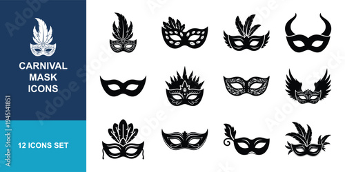 CARNIVAL MASK ICONS. Carnival masquerade mask silhouette icon set. Vector