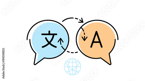Speech bubbles with Chinese character and English letter, arrows and globe, symbolizing multilingual exchange, translation, and global communication.