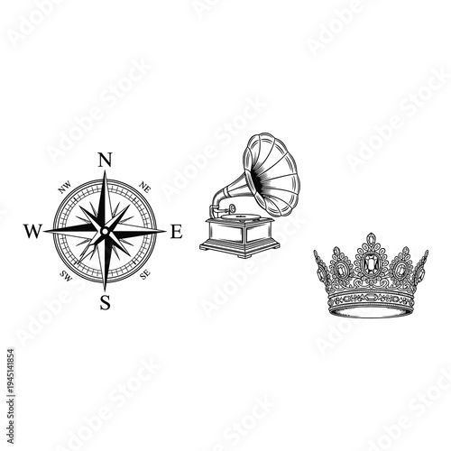 Vintage compass gramophone and crown icons on white background
