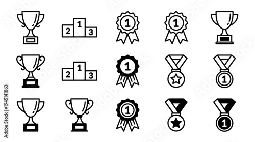 Achievement icons including trophies, medals, ribbons, certificates, shields, podium, crown, laurel wreaths, symbolizing recognition, victory, and excellence.
