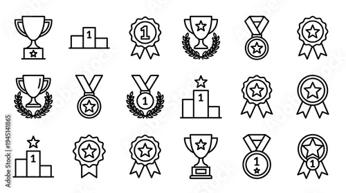 Achievement icons including trophies, medals, ribbons, certificates, shields, podium, crown, laurel wreaths, symbolizing recognition, victory, and excellence.