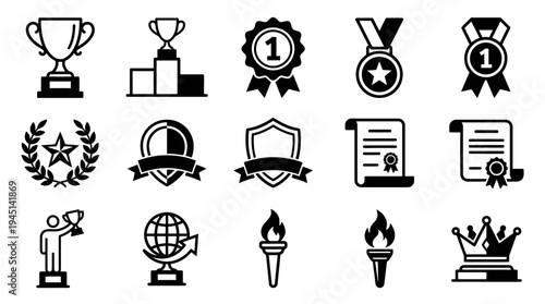 Achievement icons including trophies, medals, ribbons, certificates, shields, podium, crown, laurel wreaths, symbolizing recognition, victory, and excellence.