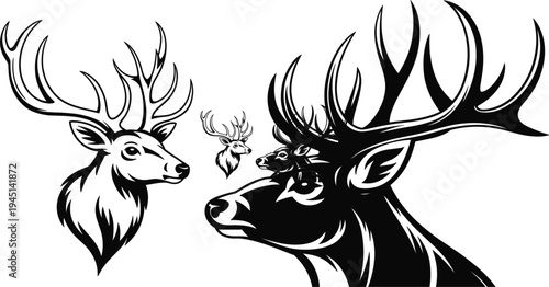 Cad drawing flat vector illustration, deer head silhouette, majestic stag antlers, wildlife hunting logo, black white buck mascot, forest animal. (20 words)