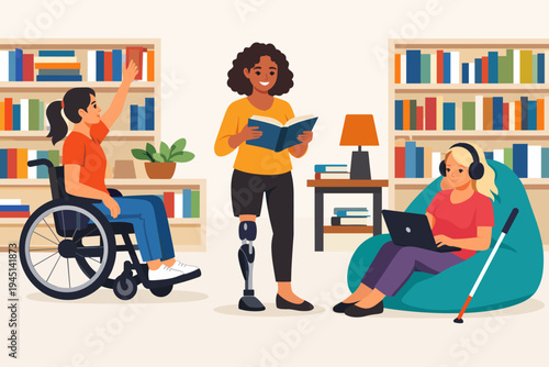 Inclusive library scene featuring diverse disabled women studying together. A woman in a wheelchair reaches for a book, another with a prosthetic leg reads, and a blind student uses a laptop.