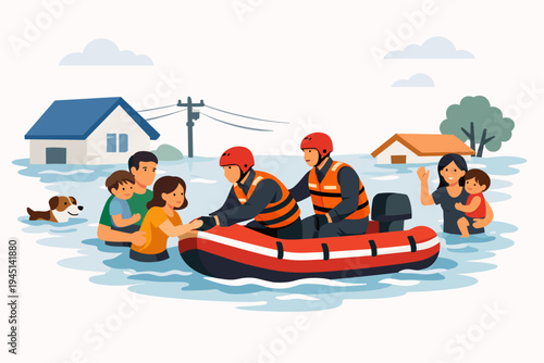 Rescue team in an inflatable boat helping a family during a severe flood disaster with submerged houses and a swimming dog in a flat vector illustration style for emergency relief concepts.