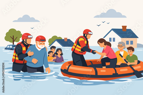 Emergency Rescue Team Assisting Flood Victims to Safety in Submerged Residential Area; Rescuers in Life Vests Helping Elderly Man and Families into Inflatable Boat; Flat Vector Illustration.