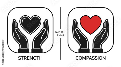 Hands holding hearts, symbolizing strength and compassion, unified through support and care, representing resilience, empathy, and balance in human connection.