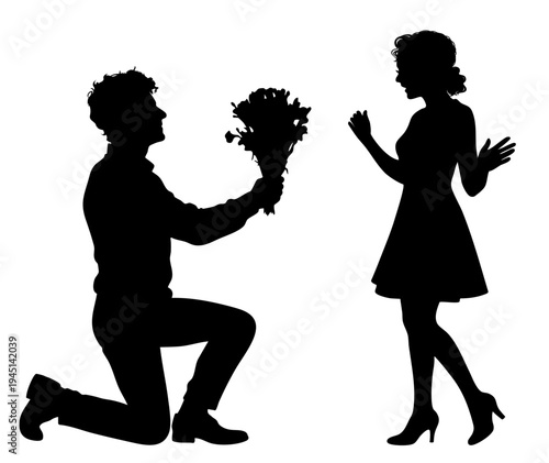 Romantic Proposal Silhouette, Man Kneeling with Bouquet While Woman Reacts with Joy, Surprise Reaction