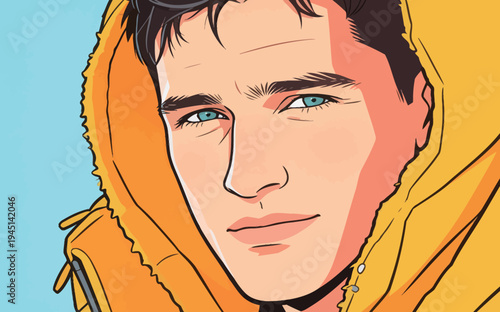 A young man with blue eyes looks at the viewer while wearing a yellow jacket. The background is bright and blue.