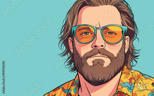 A man stands facing forward, wearing sunglasses and a floral shirt. He has a beard and long hair and is in front of a blue background.