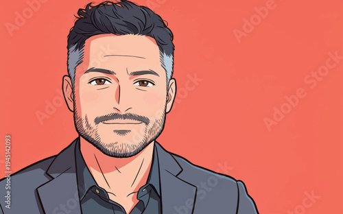 A man with short hair and a beard stands smiling in front of a bright orange wall in a studio. He seems relaxed and confident.