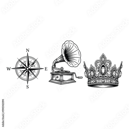 Vintage compass gramophone and crown icons on white background