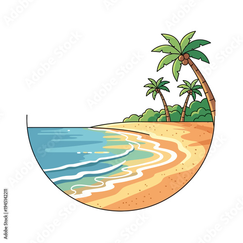 Tropical beach paradise with palm trees and turquoise ocean waves, sunny day