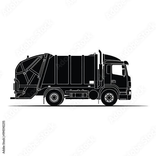 Black silhouette of a garbage truck on a white background