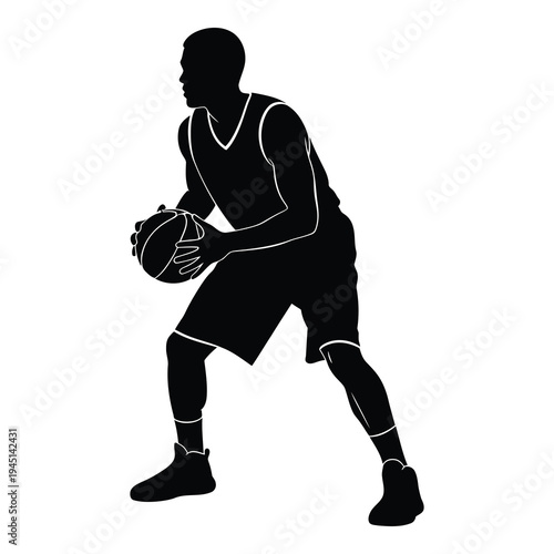 Black silhouette of a basketball player in action isolated on white background
