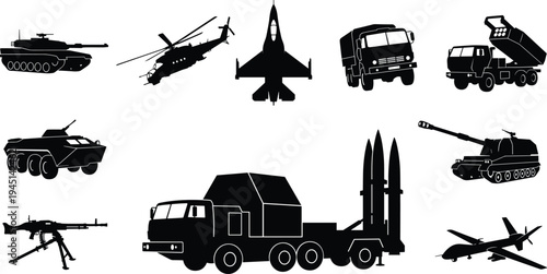 Military vehicles and weapons silhouette icons set, tank helicopter fighter jet missile launcher drone artillery army equipment collection for defense design